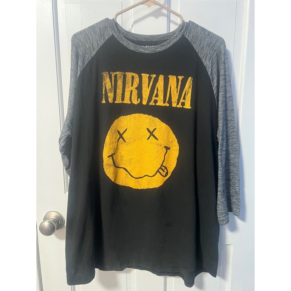 Nirvana Smiley Face Graphic Raglan Baseball Tee Black Grey 2XL 2016 Licensed - Picture 2 of 5